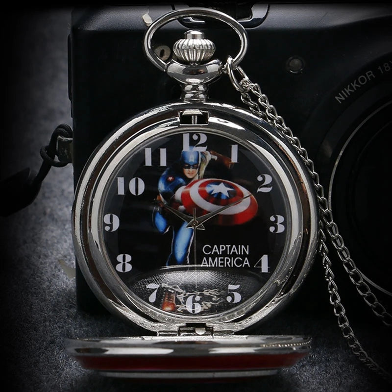 Marvel Captain America Stars Shield Design Quartz Pocket Watch Relogio De Bolso Fashion Pendant FOB Clock with Necklace Chain