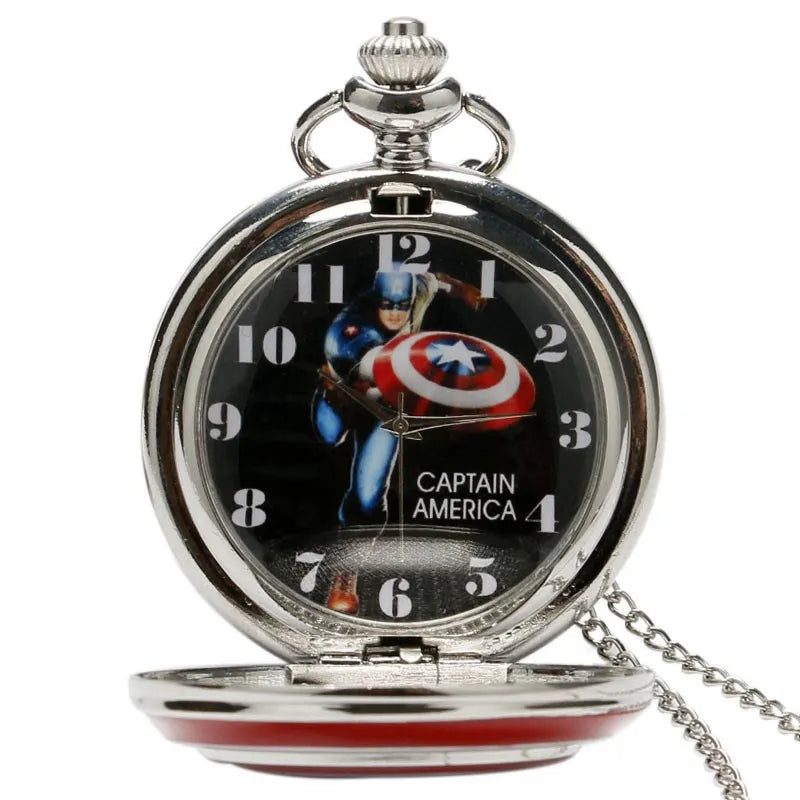 Marvel Captain America Stars Shield Design Quartz Pocket Watch Relogio De Bolso Fashion Pendant FOB Clock with Necklace Chain