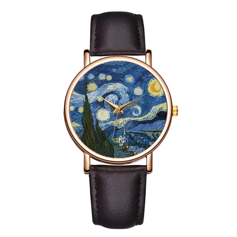 New Fashion Women Watch Top Brand Van Gogh's Starry Sky Men Watches Leather Strap Quartz Clock Couple Gift Reloj Mujer Hombre