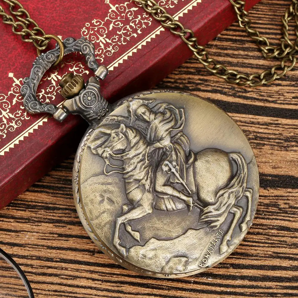 Bronze Napoleon Bonaparte Horse Knight Design Antique Quartz Pocket Watch Vintage Hero Necklace Pendant Pocket Clock FOB Gifts