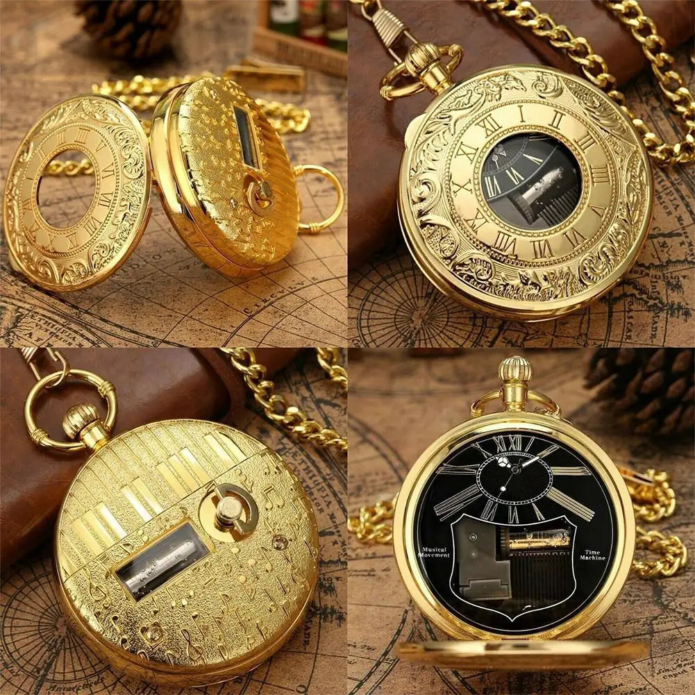 Creative Silver Hand Crank Music Quartz Pocket Watch Fashion Swan Lake Musical Movement Fob Chain New Year Gift For Men Women