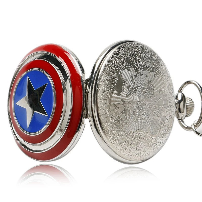 Marvel Captain America Stars Shield Design Quartz Pocket Watch Relogio De Bolso Fashion Pendant FOB Clock with Necklace Chain