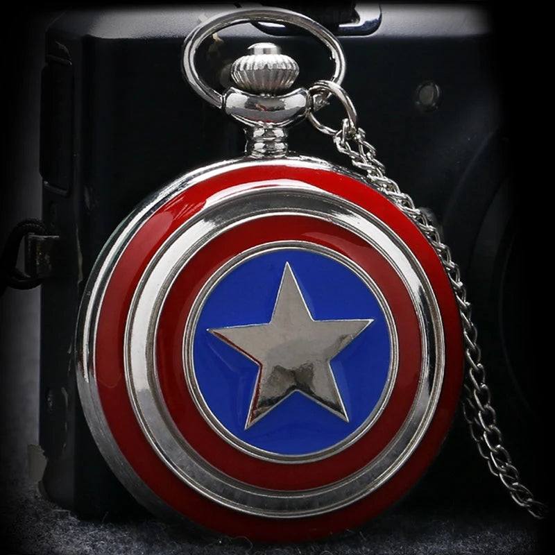 Marvel Captain America Stars Shield Design Quartz Pocket Watch Relogio De Bolso Fashion Pendant FOB Clock with Necklace Chain