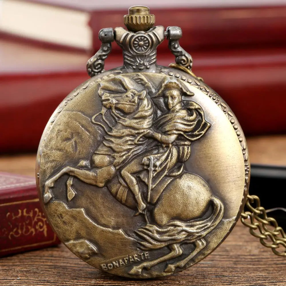 Bronze Napoleon Bonaparte Horse Knight Design Antique Quartz Pocket Watch Vintage Hero Necklace Pendant Pocket Clock FOB Gifts