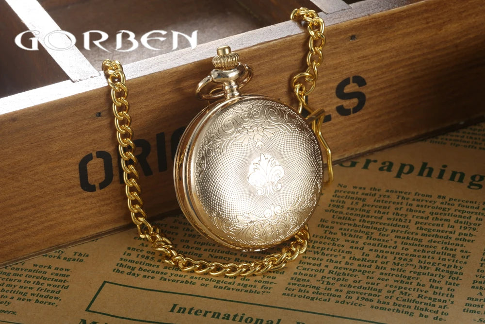 Luxury Gold Steel Carving Mechanical Pocket Watch 2 Sides Open Case Roman Number Dial Steampunk Analog Hand Winding Pocket Watch