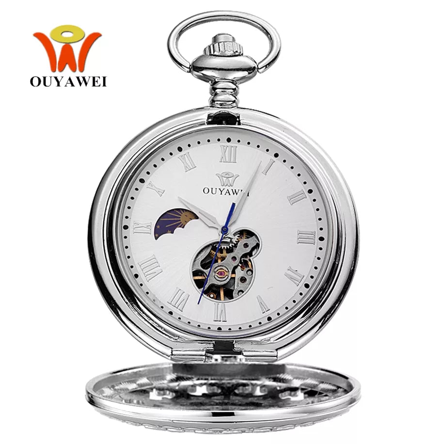 Luxury OYW Hand Winding Mechanical Silver Men Pocket Watch Skeleton Dial Steel necklace Chain Pendant Vintage Dress Fob Watches