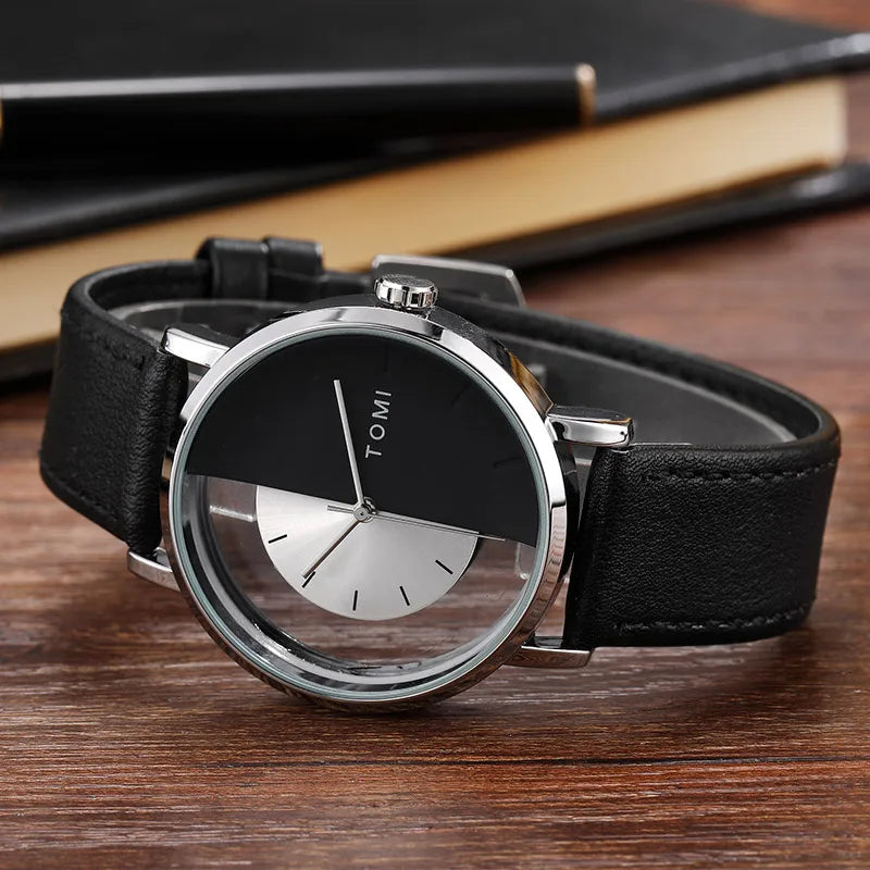 Unique Creative Half Transparent Unisex Watch clock For Men Women Couple Geek Stylish Leather Wrist watches Fashion Quartz watch