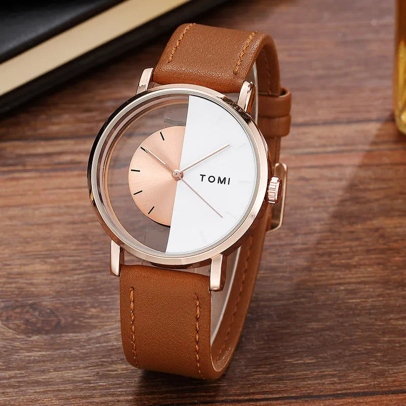 Unique Creative Half Transparent Unisex Watch clock For Men Women Couple Geek Stylish Leather Wrist watches Fashion Quartz watch