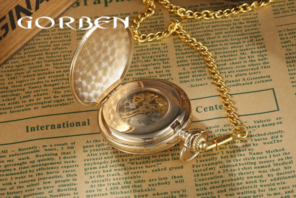 Luxury Gold Steel Carving Mechanical Pocket Watch 2 Sides Open Case Roman Number Dial Steampunk Analog Hand Winding Pocket Watch