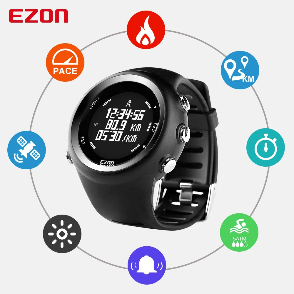 Men's Digital Sport Wristwatch GPS Running Watch With Speed Pace Distance Calorie Burning  Stopwatch 50M Waterproof EZON T031