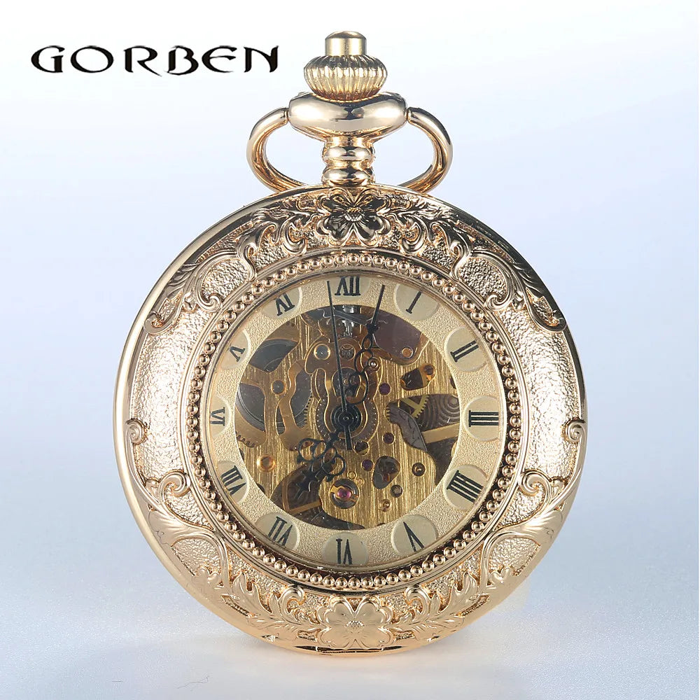 Luxury Gold Steel Carving Mechanical Pocket Watch 2 Sides Open Case Roman Number Dial Steampunk Analog Hand Winding Pocket Watch