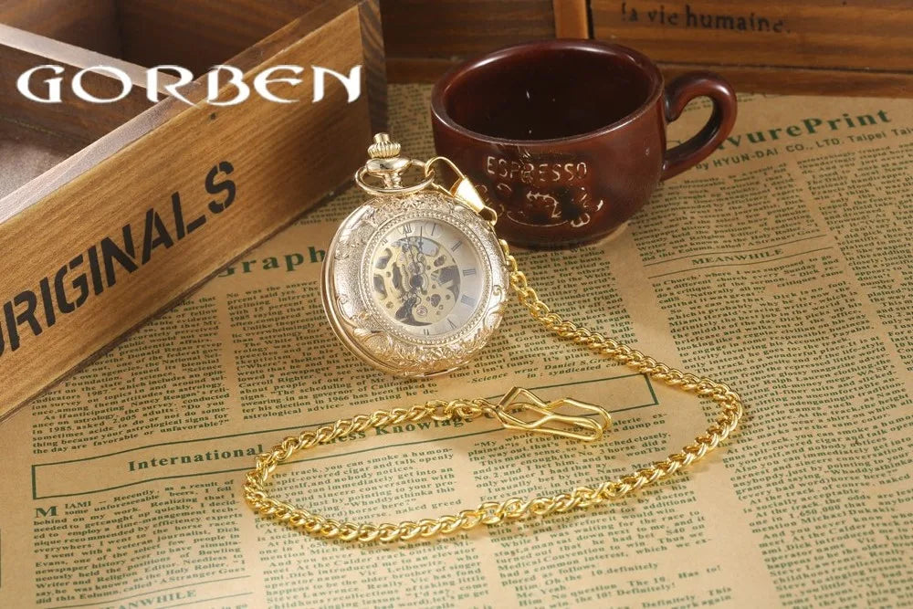 Luxury Gold Steel Carving Mechanical Pocket Watch 2 Sides Open Case Roman Number Dial Steampunk Analog Hand Winding Pocket Watch