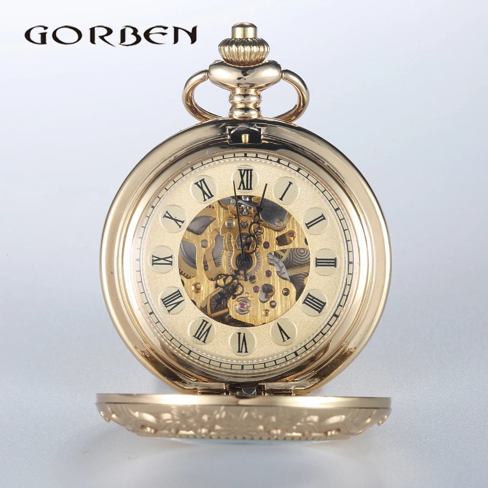 Luxury Gold Steel Carving Mechanical Pocket Watch 2 Sides Open Case Roman Number Dial Steampunk Analog Hand Winding Pocket Watch