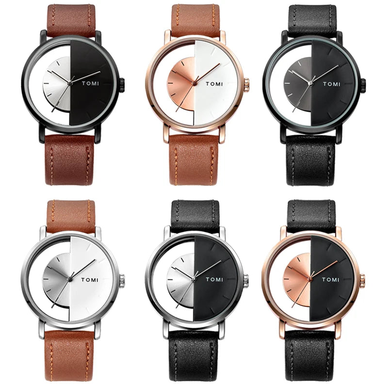 Unique Creative Half Transparent Unisex Watch clock For Men Women Couple Geek Stylish Leather Wrist watches Fashion Quartz watch