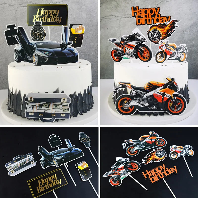 Happy Birthday Cake Toppers Motorcycle Topper Kids Girls Car Watch Cigarette Cake Flags Wedding Bride Party Baking DIY Decor