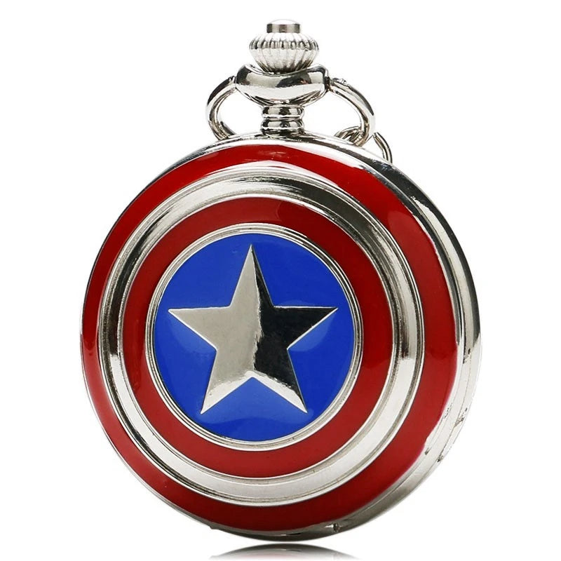 Marvel Captain America Stars Shield Design Quartz Pocket Watch Relogio De Bolso Fashion Pendant FOB Clock with Necklace Chain