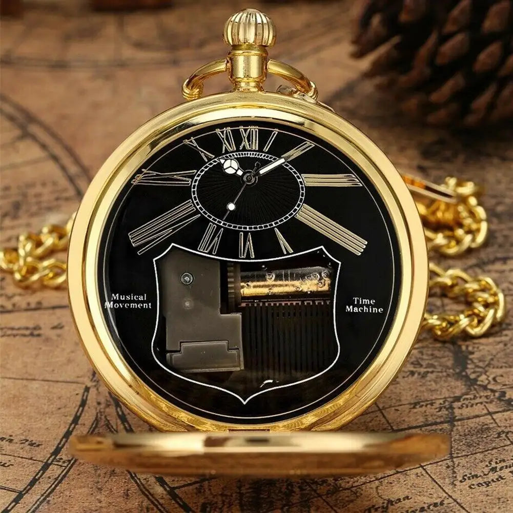 Creative Silver Hand Crank Music Quartz Pocket Watch Fashion Swan Lake Musical Movement Fob Chain New Year Gift For Men Women