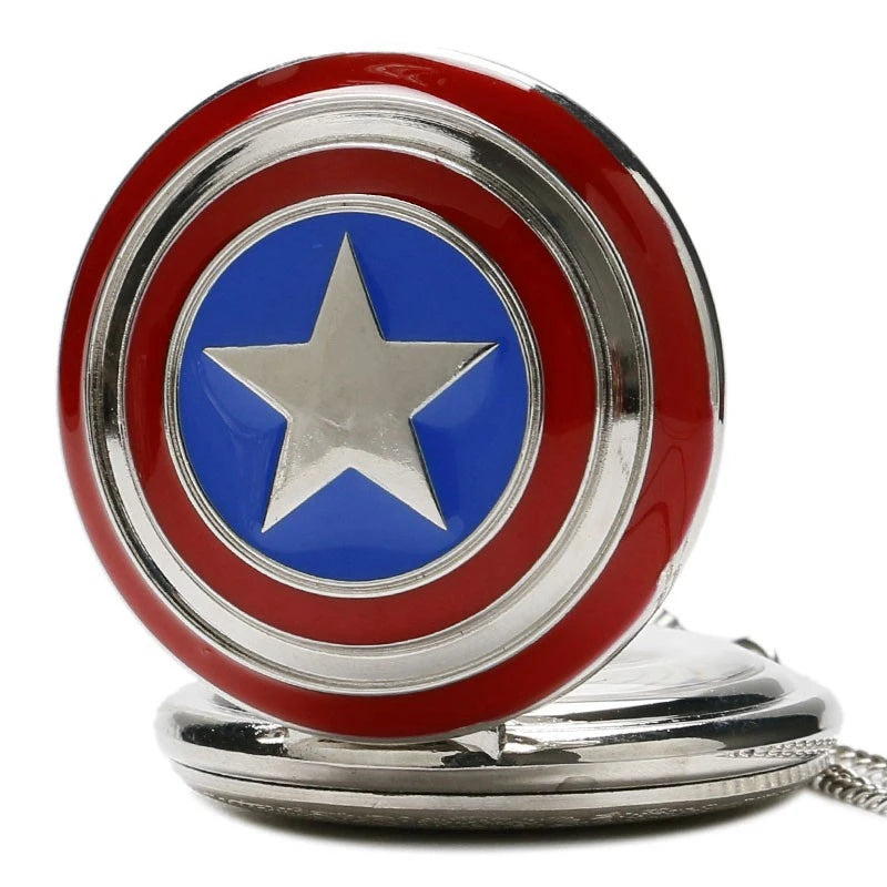 Marvel Captain America Stars Shield Design Quartz Pocket Watch Relogio De Bolso Fashion Pendant FOB Clock with Necklace Chain