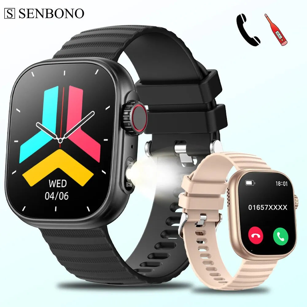 SENBONO Smart Watch Men Women LED Flashlight 100+ Sport Modes Fitness Tracker Body Temperature 2.01” Screen Smartwatch Men Women