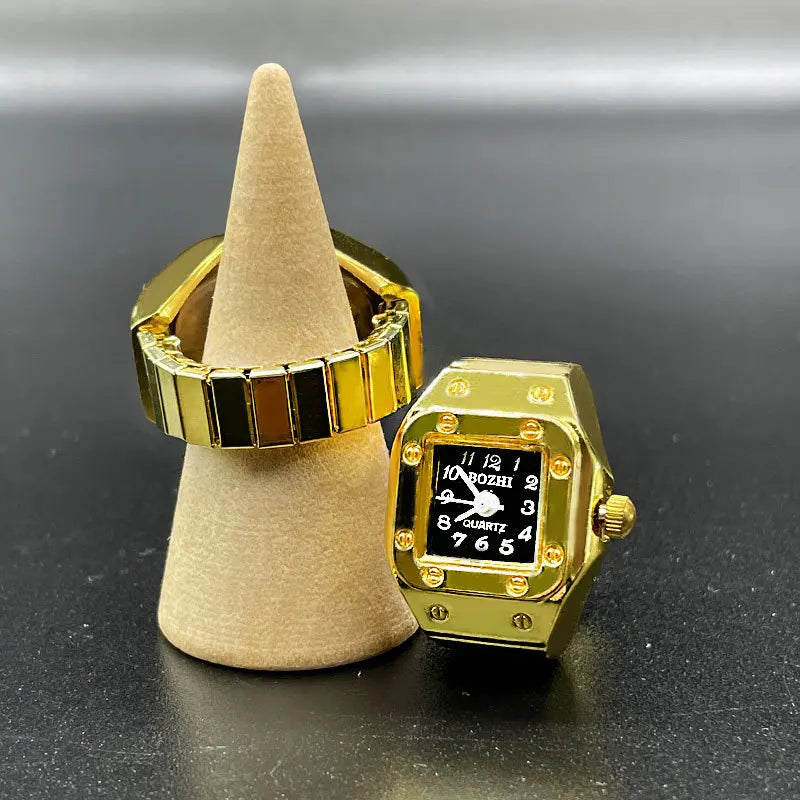 Kiss Jewelry Punk Gold Color Couples Mini Watches Finger Rings for Women Men Square Round Dial Quartz Ring Watch Ring Gift