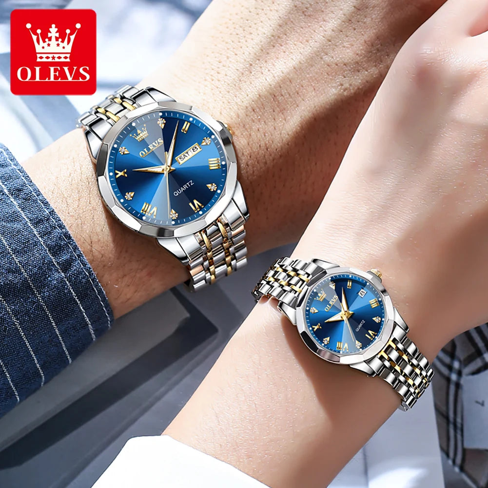 OLEVS Couple Watches Rhombus Mirror Luxury Original Quartz Men and Women Wristwatch Waterproof Luminous Date Week His and Her