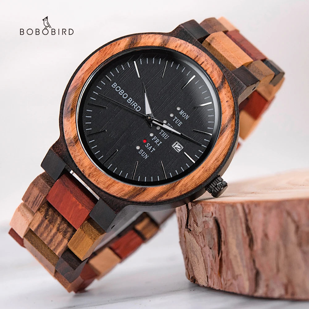 BOBO BIRD Wood Watch Men Women Quartz Week Date Couple Timepiece Colorful Wooden Band Logo Customize Gift Box Wholesale Dropship