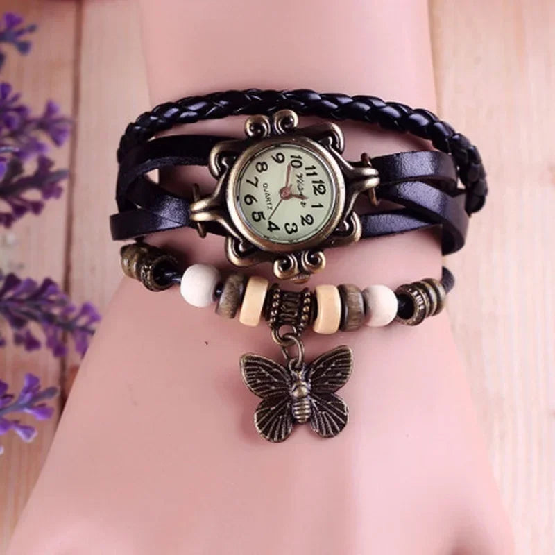 Women Genuine Leather Vintage Quartz Watch Multi Layer Handmade Bracelet Wristwatches Adjustable Length Couple Watch Bangle