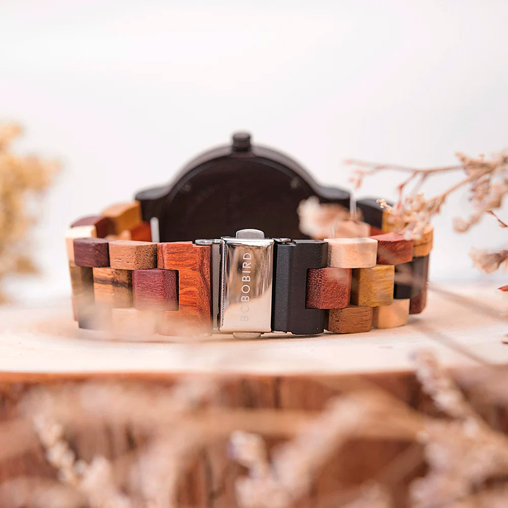 BOBO BIRD Wood Watch Men Women Quartz Week Date Couple Timepiece Colorful Wooden Band Logo Customize Gift Box Wholesale Dropship