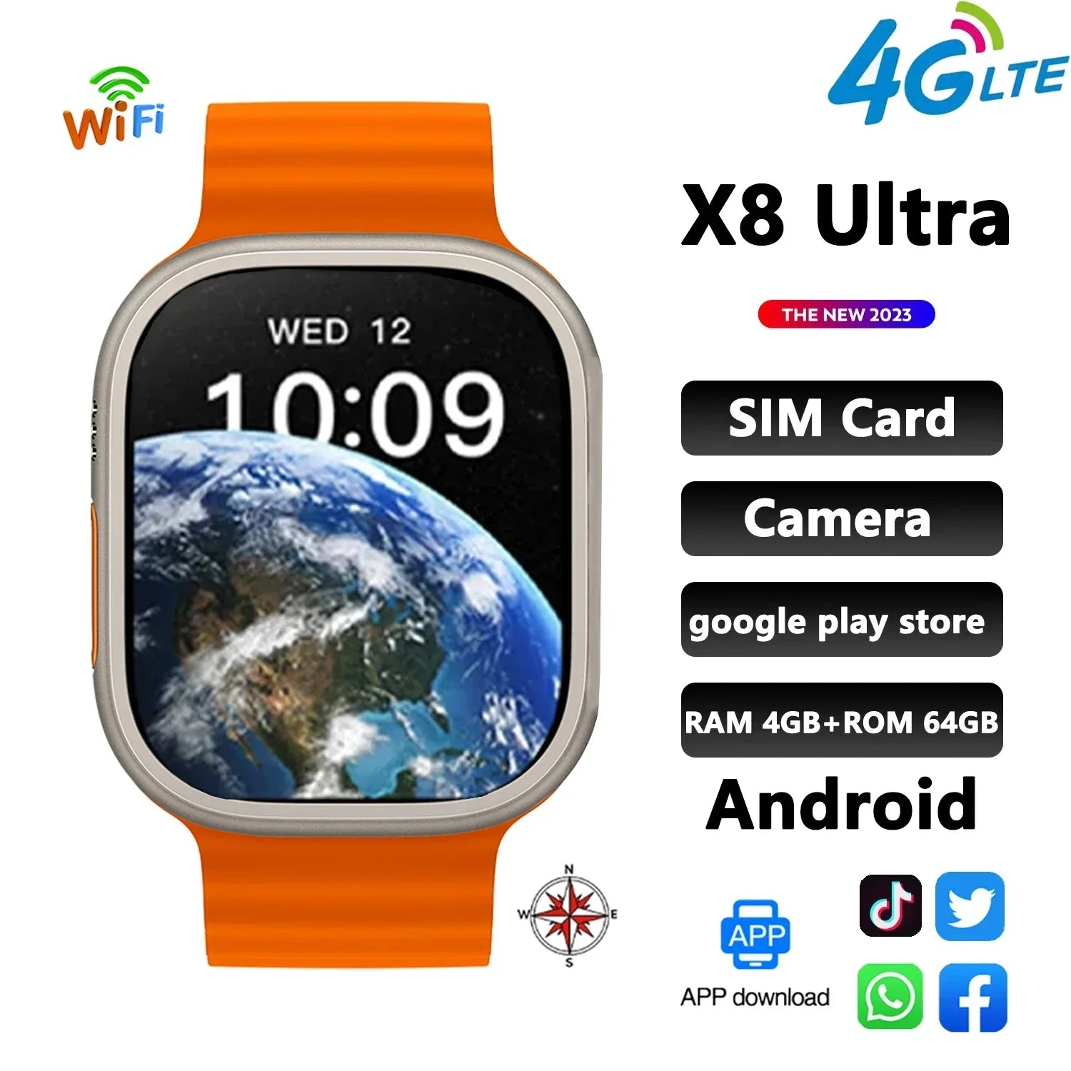 X8 Ultra RAM 4GB+64GB 2.02" Android Smart Watch Men 4G Call GPS Compass Wifi Health Monitoring Sport Sim Card PK HK8 Smartwatch