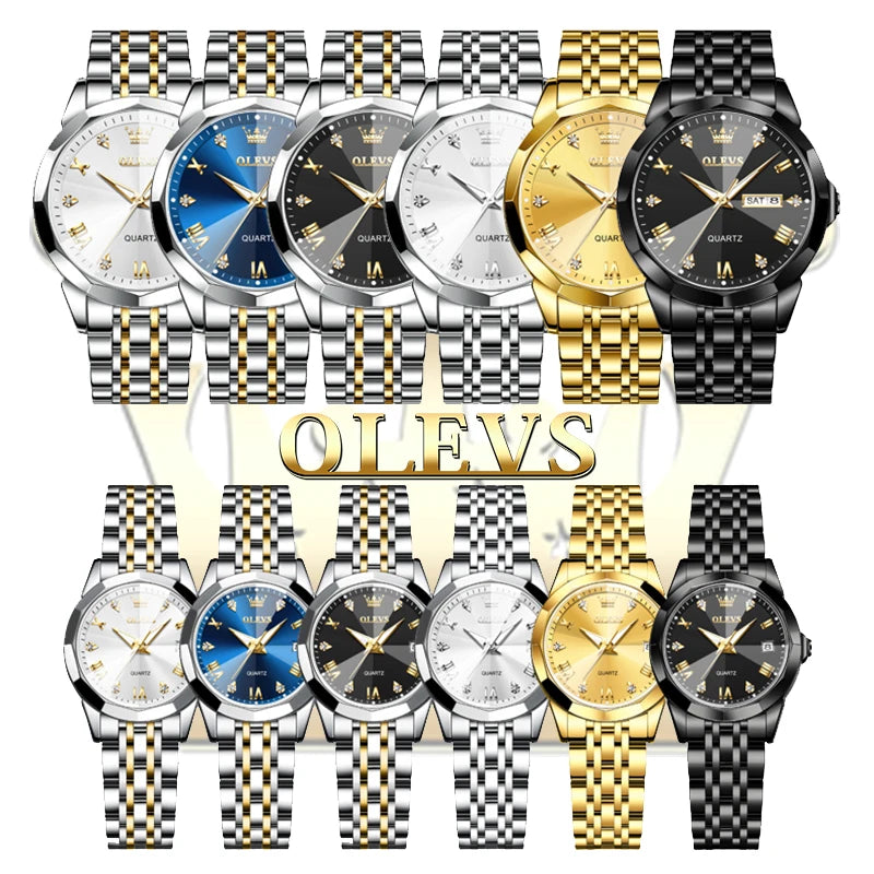 OLEVS Couple Watches Rhombus Mirror Luxury Original Quartz Men and Women Wristwatch Waterproof Luminous Date Week His and Her