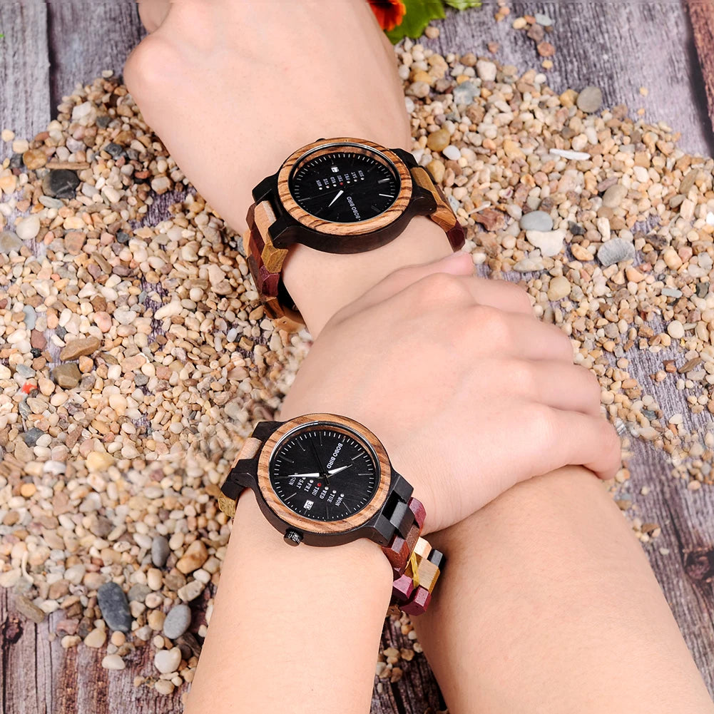 BOBO BIRD Wood Watch Men Women Quartz Week Date Couple Timepiece Colorful Wooden Band Logo Customize Gift Box Wholesale Dropship