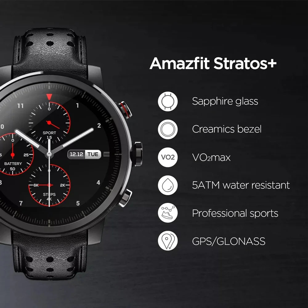 Amazfit Stratos+ Android Smart Fitness Sports Watch IPhone 5ATM Impermeável Bluetooth Música GPS Integrado 90-95 Nova Máquina R